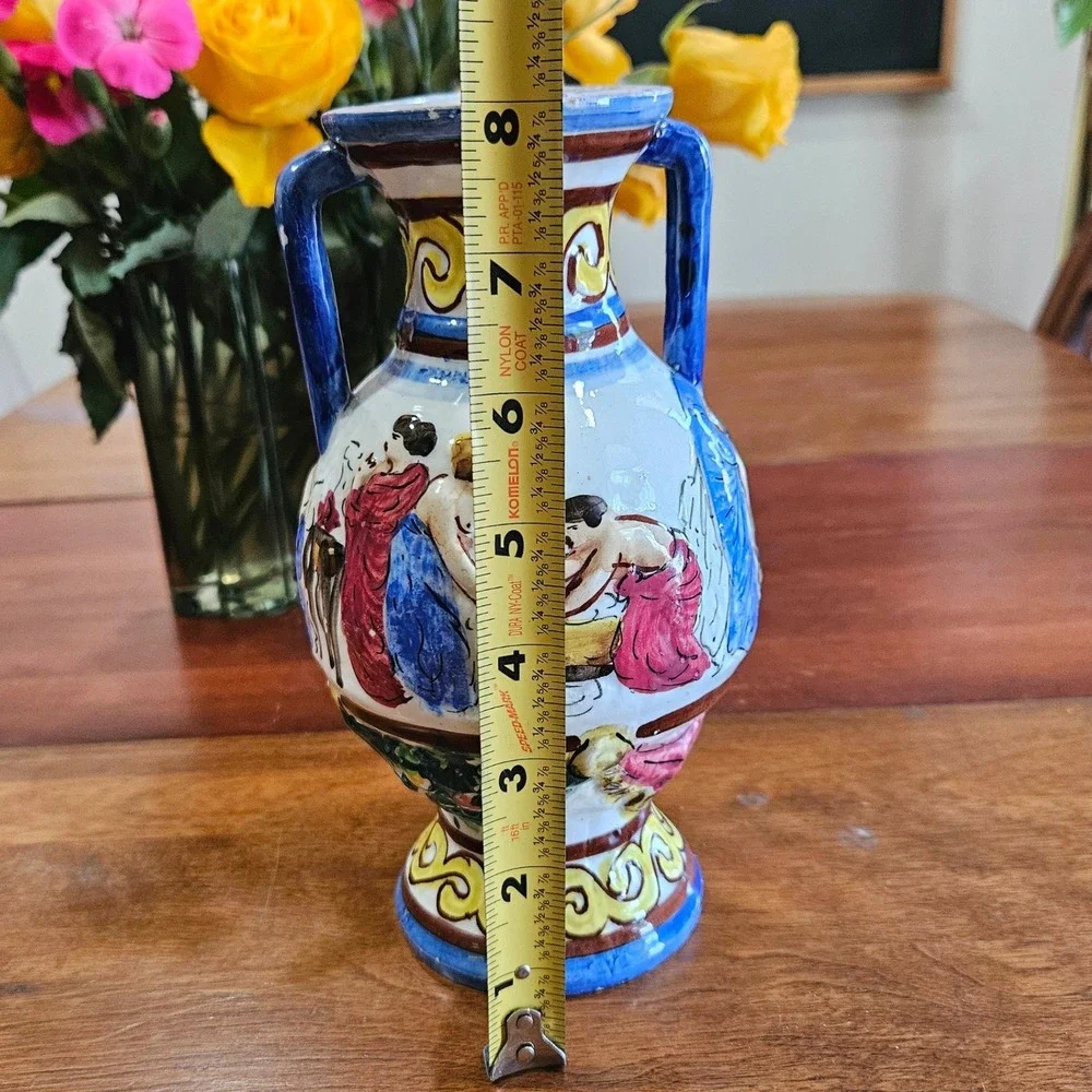 Vtg Italian Majolica Hand Painted Double Handle Urn Vase Mythological Scene